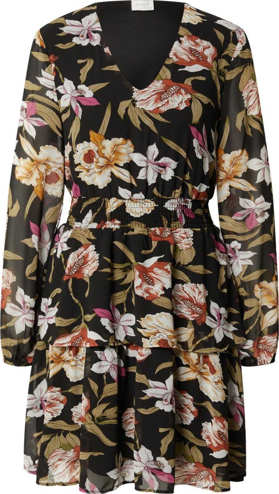 VILA Šaty 'FULLA' černá / khaki / bílá / pitaya / tmavě oranžová