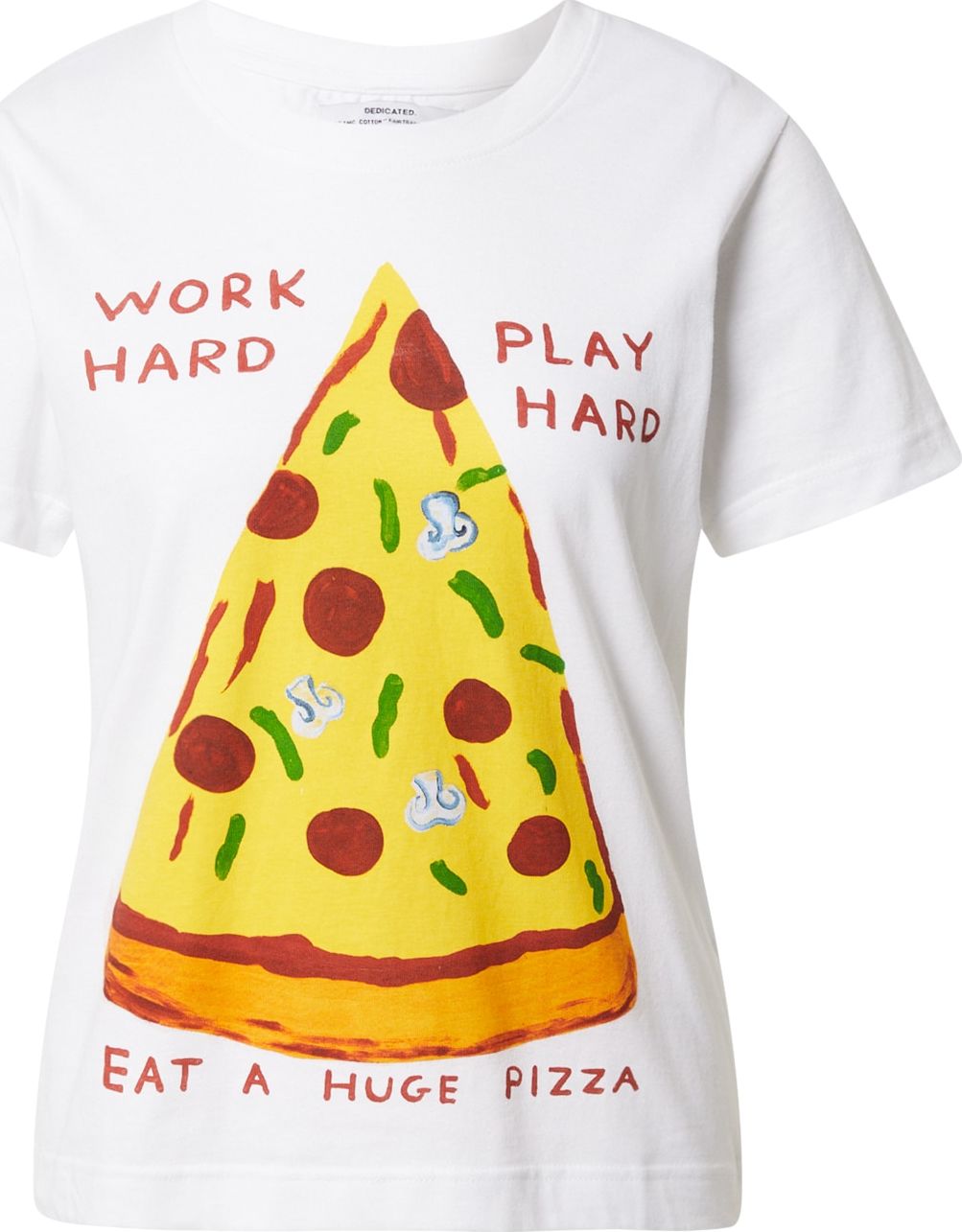 DEDICATED. Tričko 'Mysen Work Hard Pizza' bílá / žlutá / jasně oranžová / zelená / tmavě červená